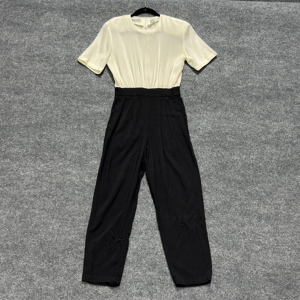 MS Chaus Jumpsuit Womens 6 Black White Short Sleeve Pleated Rayon One Piece